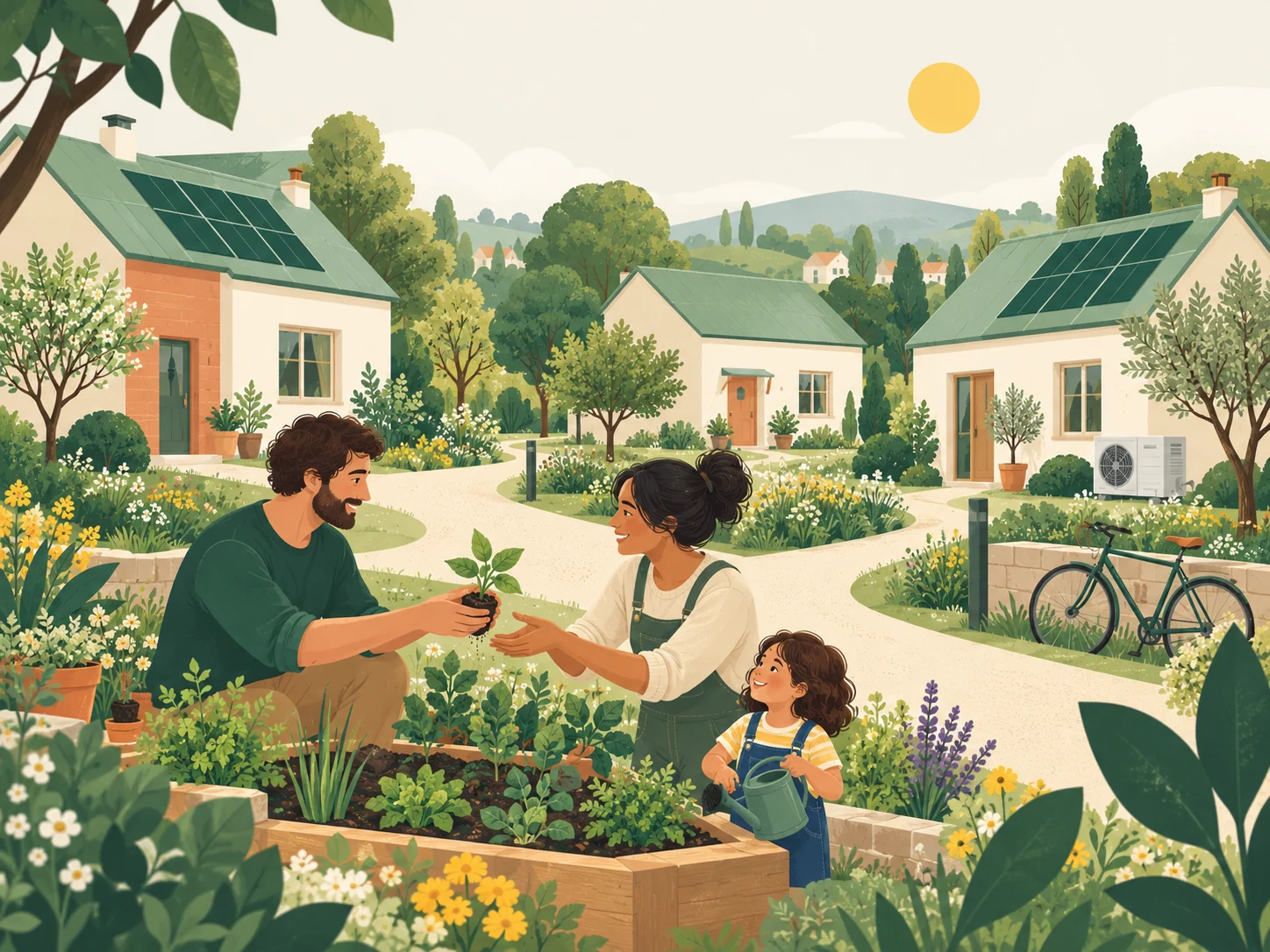 Neighbours share a seedling in a community garden, surrounded by homes with solar panels, a heat pump and a bicycle.